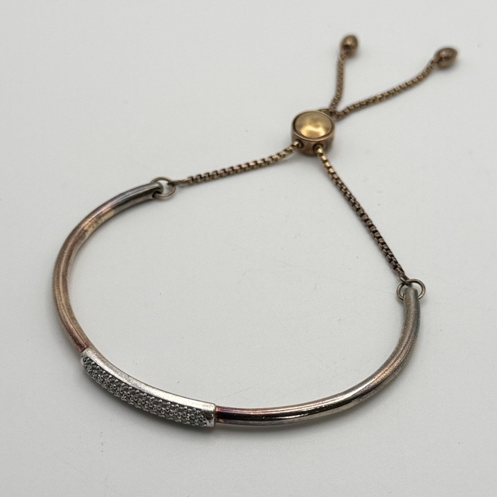 Peru 925 Sterling Silver CZ Pavé Bar Bolo Bracelet Silver Gold Tone Adjustable